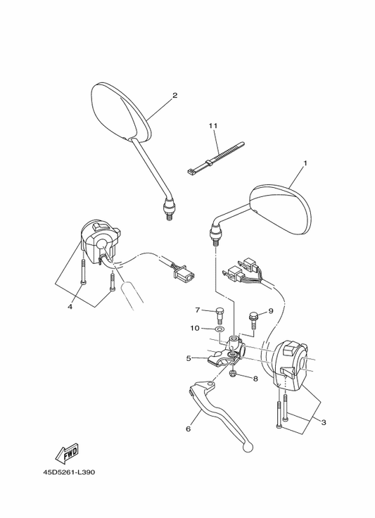 Diagrama oficial Yamaha kit interruptores FZ16, pieza n.º 6 – MANIGUETA CLUTCH FZ-16 IZQ 45D5